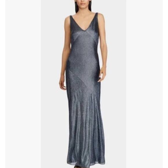 Lauren Ralph Lauren Evening Womens Kendalyn Metallic Gown 14 Navy Maxi Dress - Picture 1 of 14